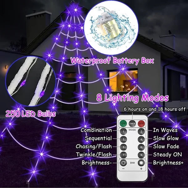 Halloween LED Spider Web Lights & Giant Black Spider Decor