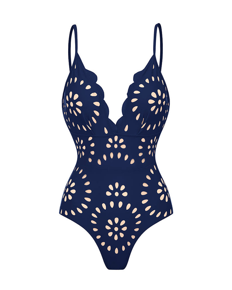 Flower Hollow One Piece Swimsuit and Skirt