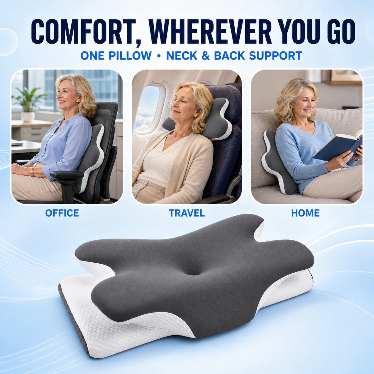 All-in-One Memory Foam Support Pillow – For Neck, Back & Travel