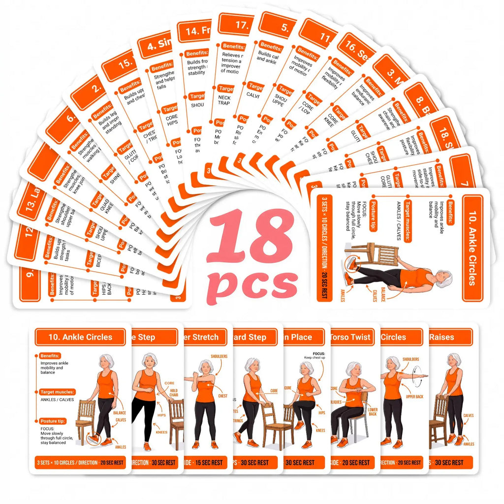 18 Senior Exercise Cards, Gentle Chair-Supported Low-Impact Workout Deck for Strength, Flexibility & Balance