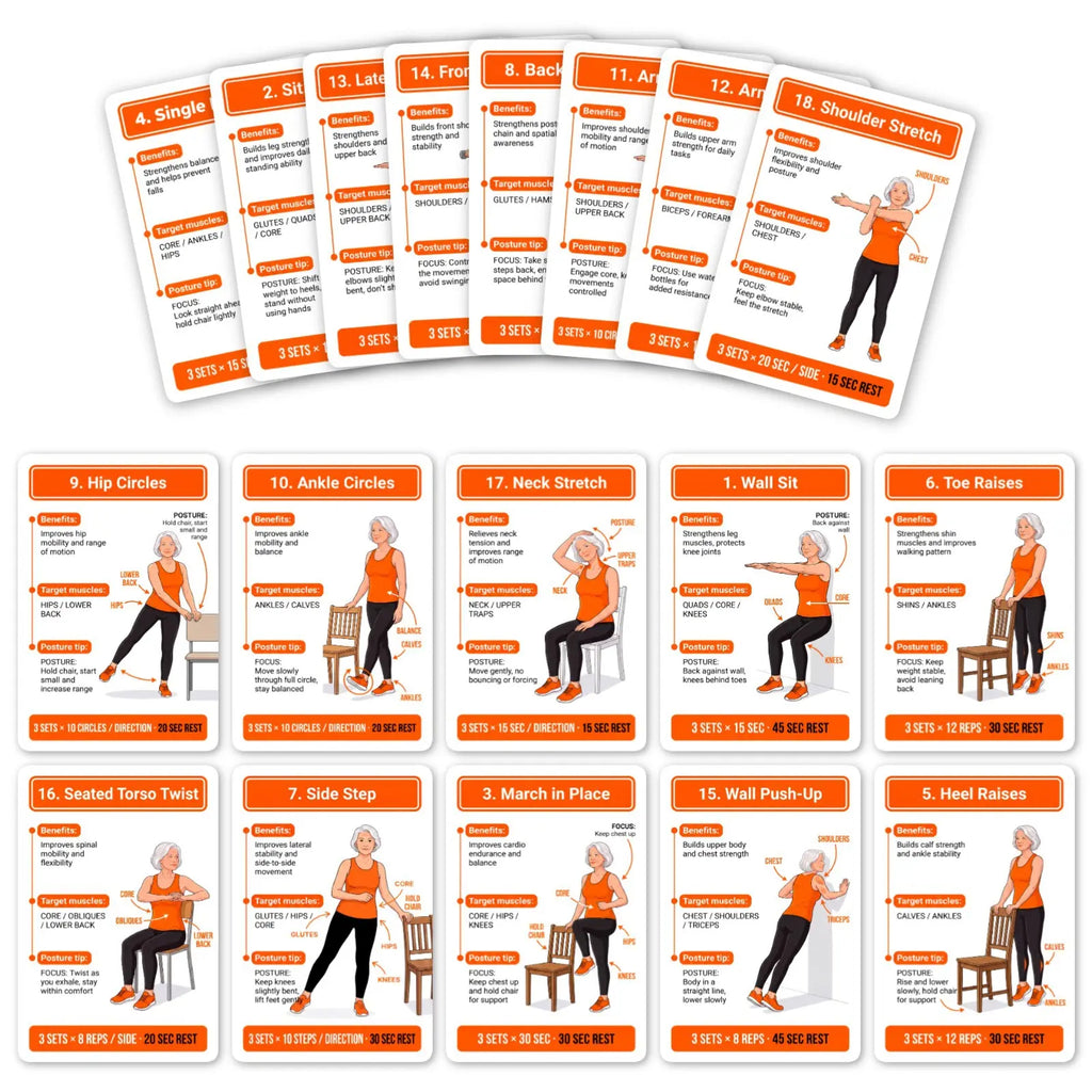 18 Senior Exercise Cards, Gentle Chair-Supported Low-Impact Workout Deck for Strength, Flexibility & Balance