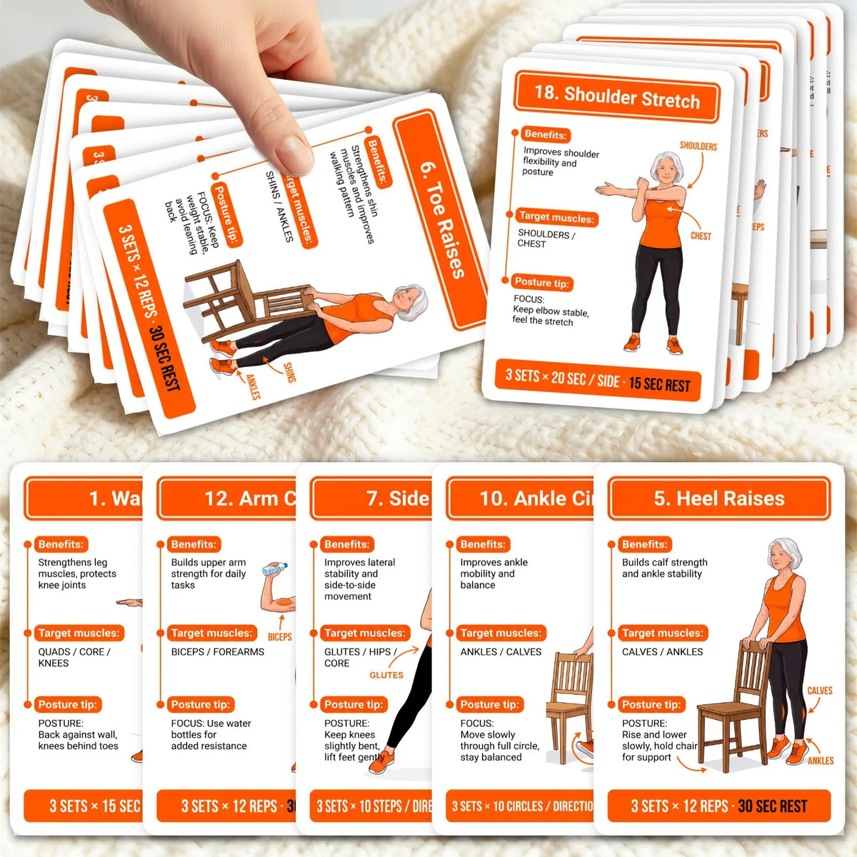 18 Senior Exercise Cards, Gentle Chair-Supported Low-Impact Workout Deck for Strength, Flexibility & Balance