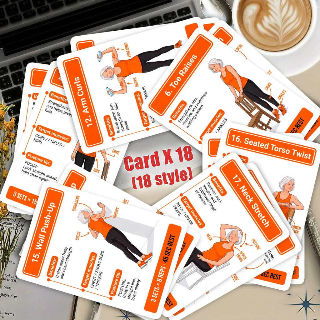 18 Senior Exercise Cards, Gentle Chair-Supported Low-Impact Workout Deck for Strength, Flexibility & Balance