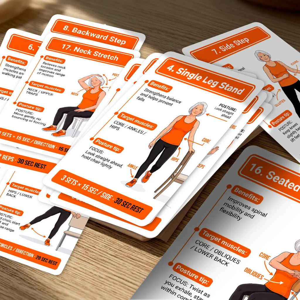 18 Senior Exercise Cards, Gentle Chair-Supported Low-Impact Workout Deck for Strength, Flexibility & Balance