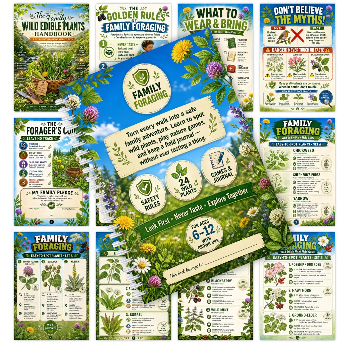 Family Wild Edible Plants Handbook, A5 Spiral Field Guide, 24 Plants