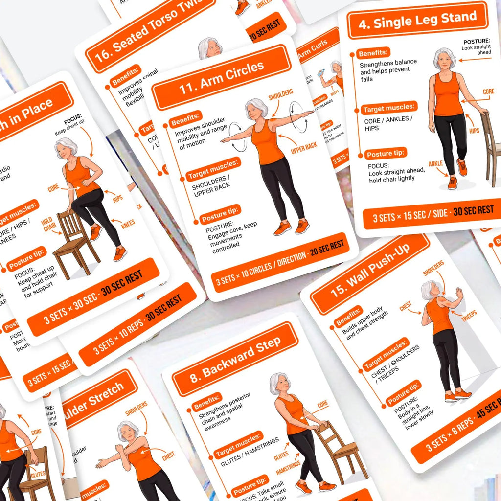 18 Senior Exercise Cards, Gentle Chair-Supported Low-Impact Workout Deck for Strength, Flexibility & Balance