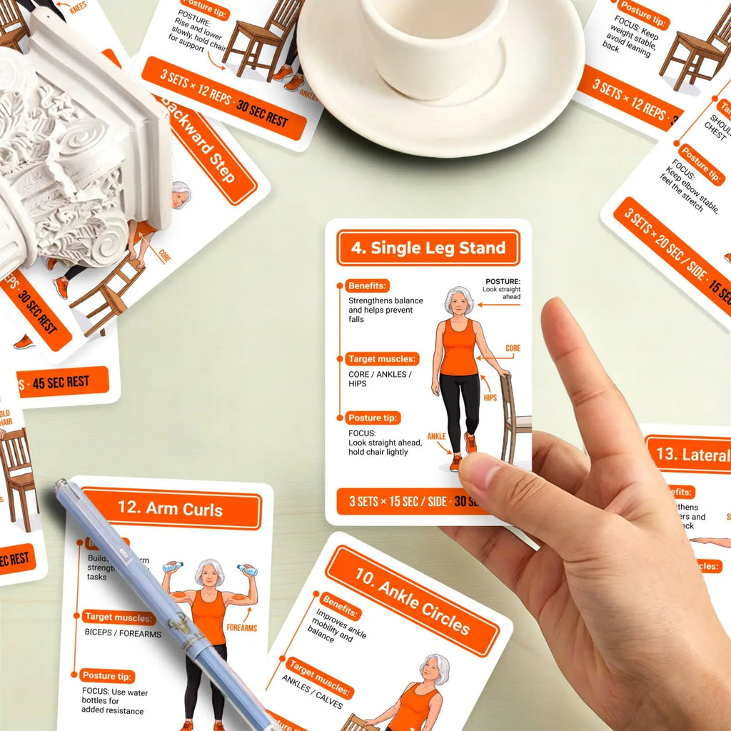 18 Senior Exercise Cards, Gentle Chair-Supported Low-Impact Workout Deck for Strength, Flexibility & Balance
