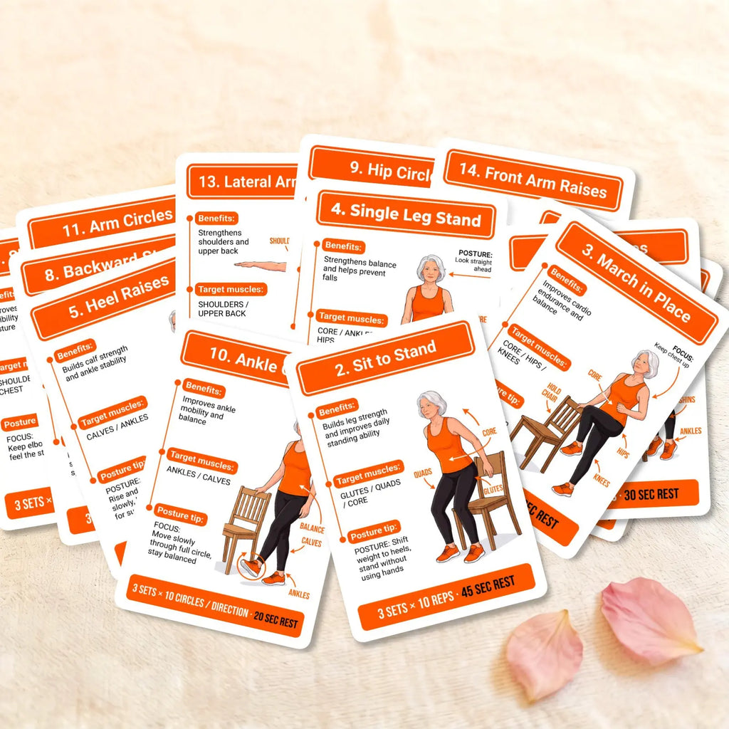 18 Senior Exercise Cards, Gentle Chair-Supported Low-Impact Workout Deck for Strength, Flexibility & Balance