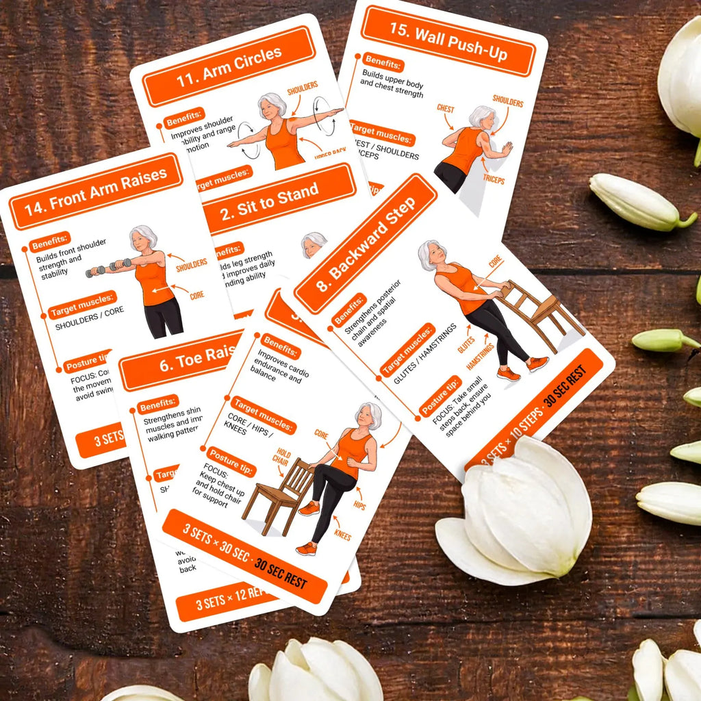 18 Senior Exercise Cards, Gentle Chair-Supported Low-Impact Workout Deck for Strength, Flexibility & Balance