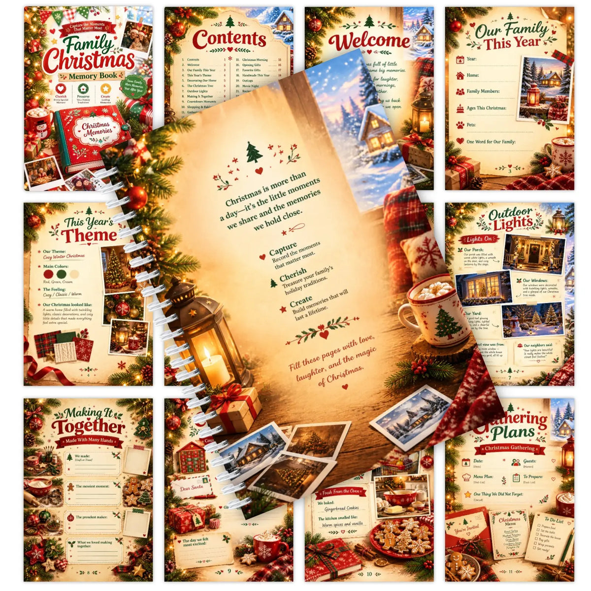 Family Christmas Memory Book, Spiral Keepsake Journal with Photo Pages & Yearly Tradition Prompts