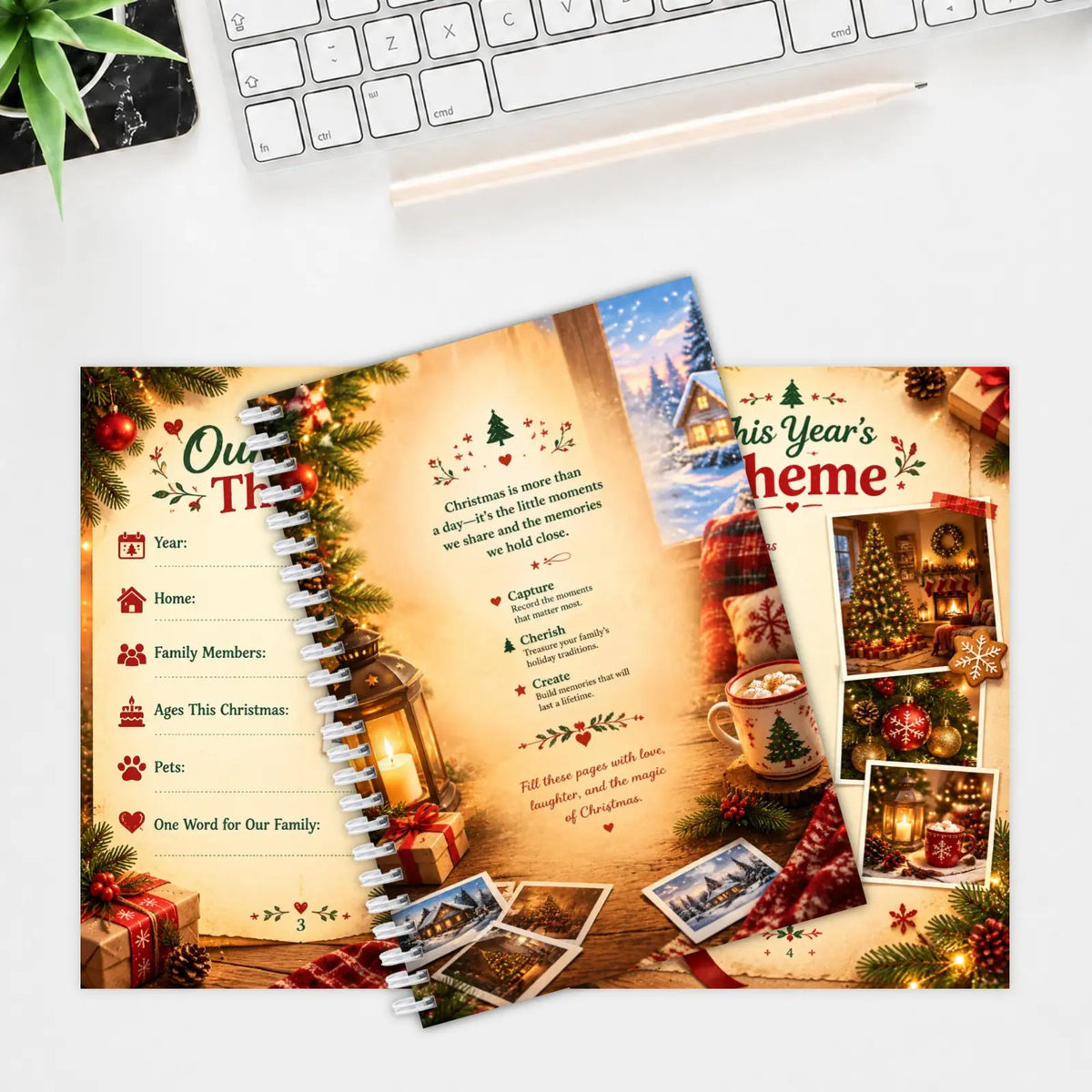 Family Christmas Memory Book, Spiral Keepsake Journal with Photo Pages & Yearly Tradition Prompts