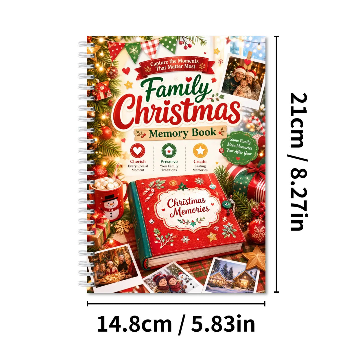 Family Christmas Memory Book, Spiral Keepsake Journal with Photo Pages & Yearly Tradition Prompts