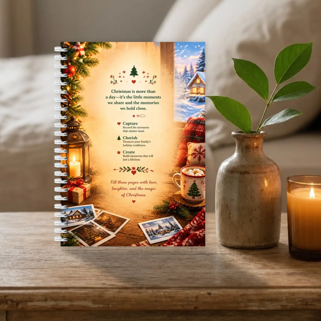Family Christmas Memory Book, Spiral Keepsake Journal with Photo Pages & Yearly Tradition Prompts