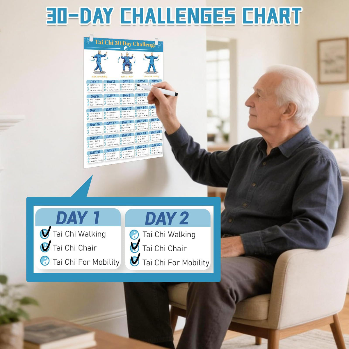 4 Illustrated Tai Chi Exercise Poster Set for Seniors —(11.8x8.3 inches)