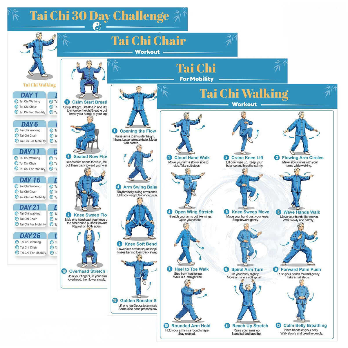 4 Illustrated Tai Chi Exercise Poster Set for Seniors —(11.8x8.3 inches)