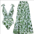 Women Adjustable Shoulder Strip Plant Prints One Piece Swimsuit and Skirt