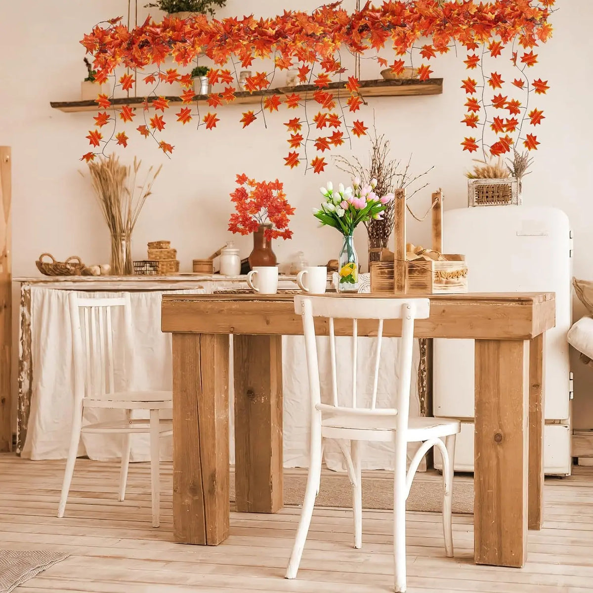 Artificial Red Maple Leaf Garland,  Molded Plastic with Wired Stems, Indoor Fall Decor