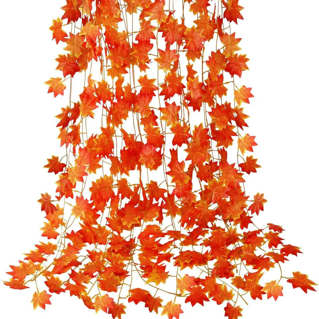 Artificial Red Maple Leaf Garland,  Molded Plastic with Wired Stems, Indoor Fall Decor