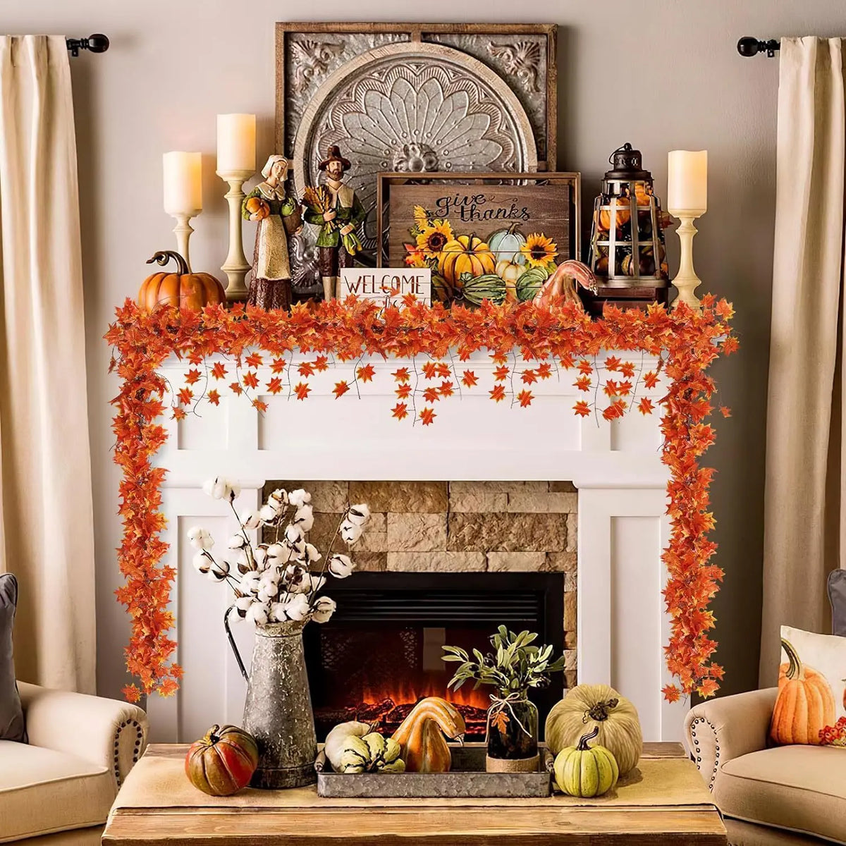 Artificial Red Maple Leaf Garland,  Molded Plastic with Wired Stems, Indoor Fall Decor