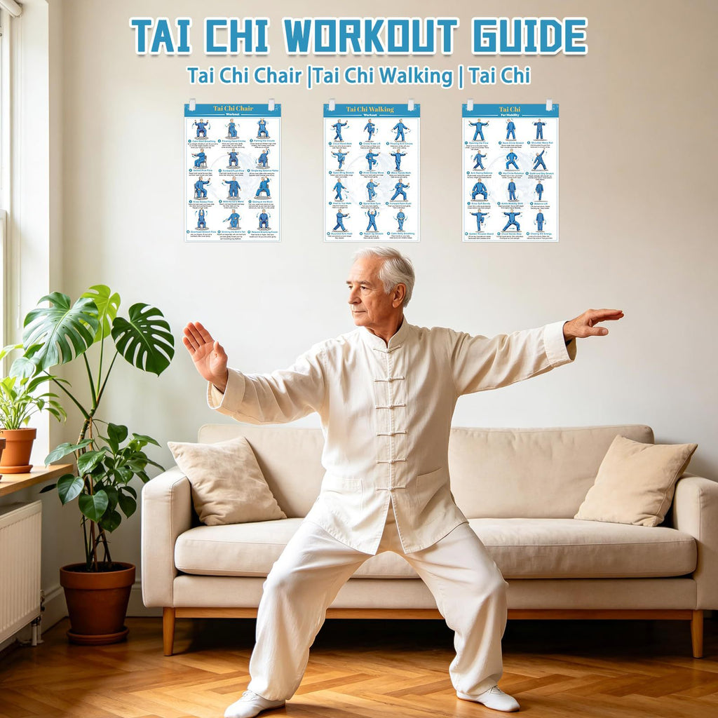 4 Illustrated Tai Chi Exercise Poster Set for Seniors —(11.8x8.3 inches)