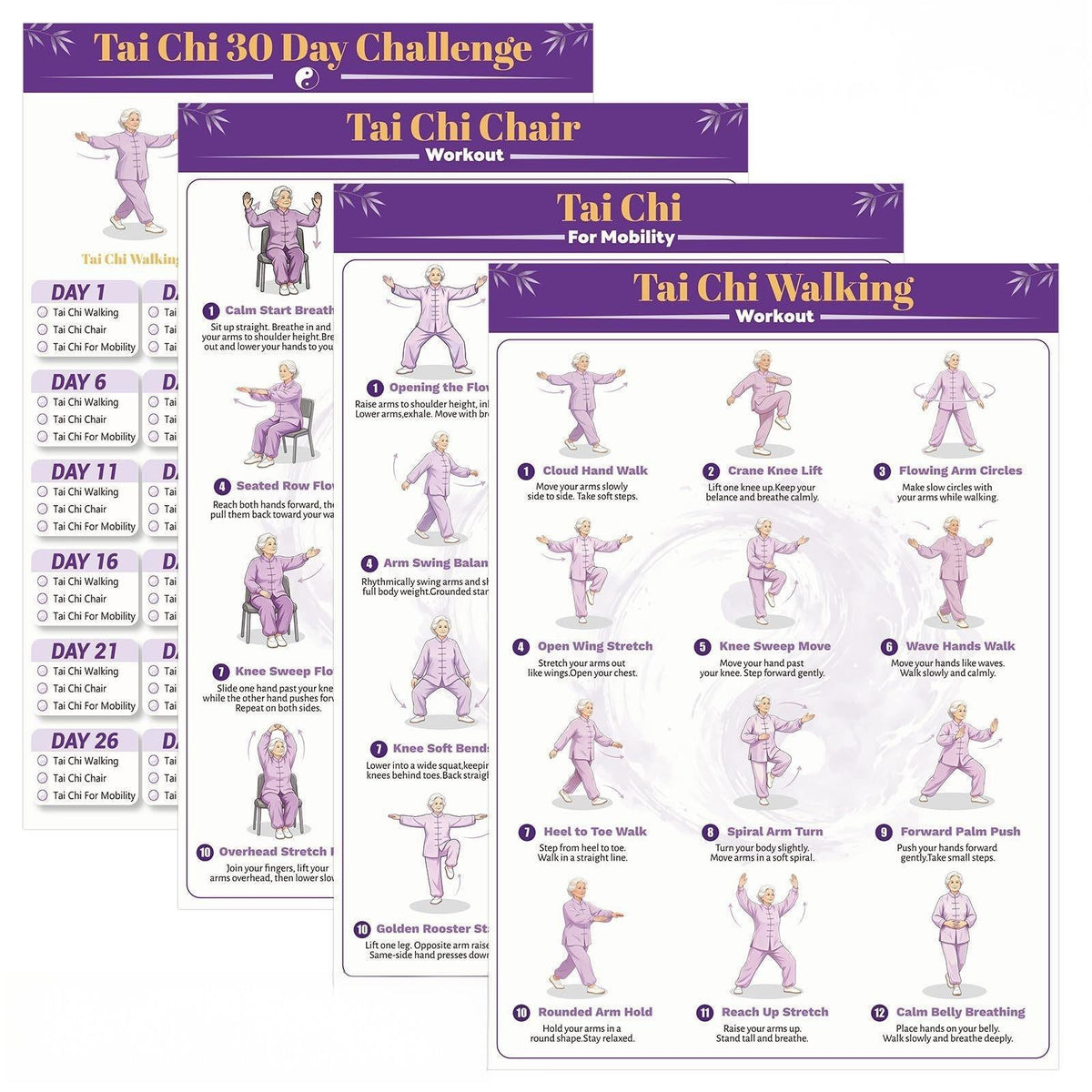 4 Illustrated Tai Chi Exercise Poster Set for Seniors —(11.8x8.3 inches)