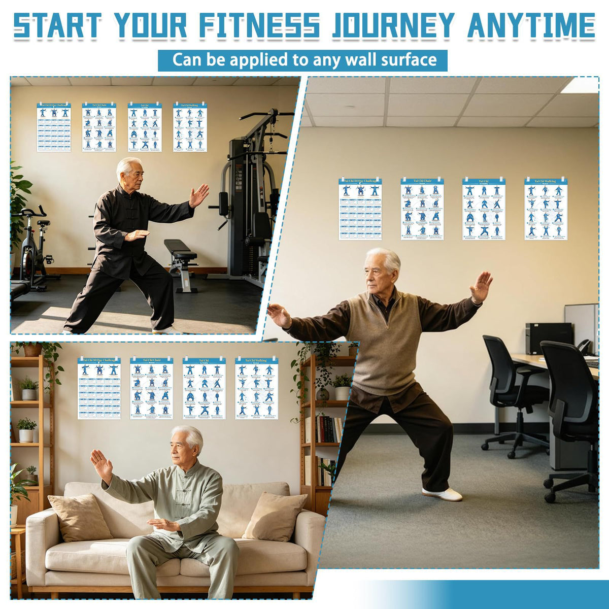 4 Illustrated Tai Chi Exercise Poster Set for Seniors —(11.8x8.3 inches)