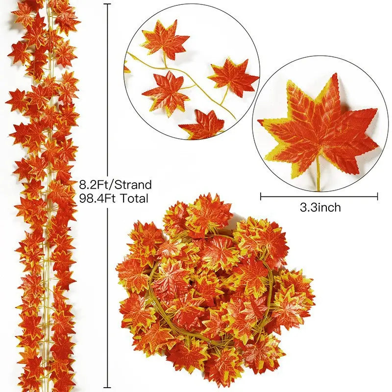 Artificial Red Maple Leaf Garland,  Molded Plastic with Wired Stems, Indoor Fall Decor