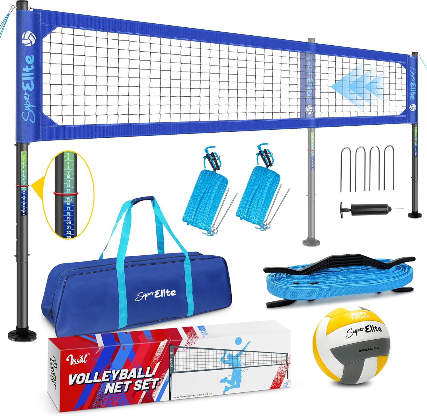 Super Elite volleyball net set with accessories including a ball, pump, and carrying bag on a white background.