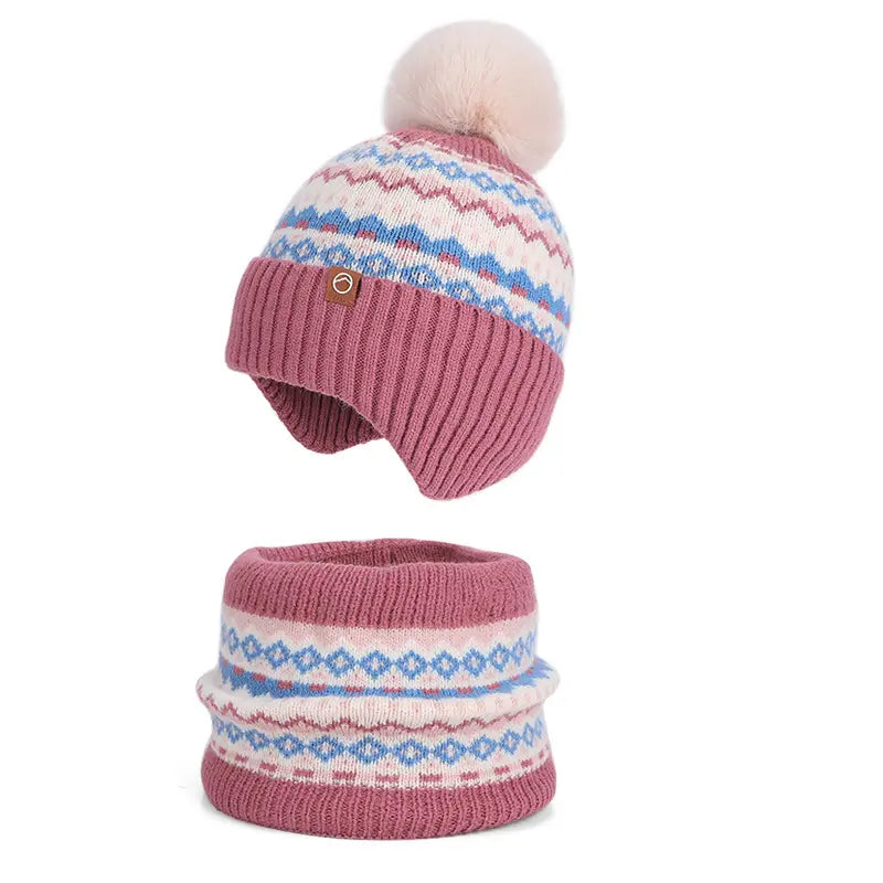 Kids Knitted Hat and Neck Warmer Set, Fleece Lined Winter Hat and Scarf Set for Ages 4-10
