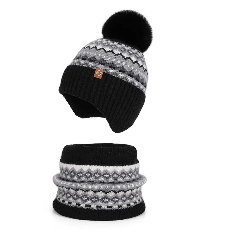 Kids Knitted Hat and Neck Warmer Set, Fleece Lined Winter Hat and Scarf Set for Ages 4-10