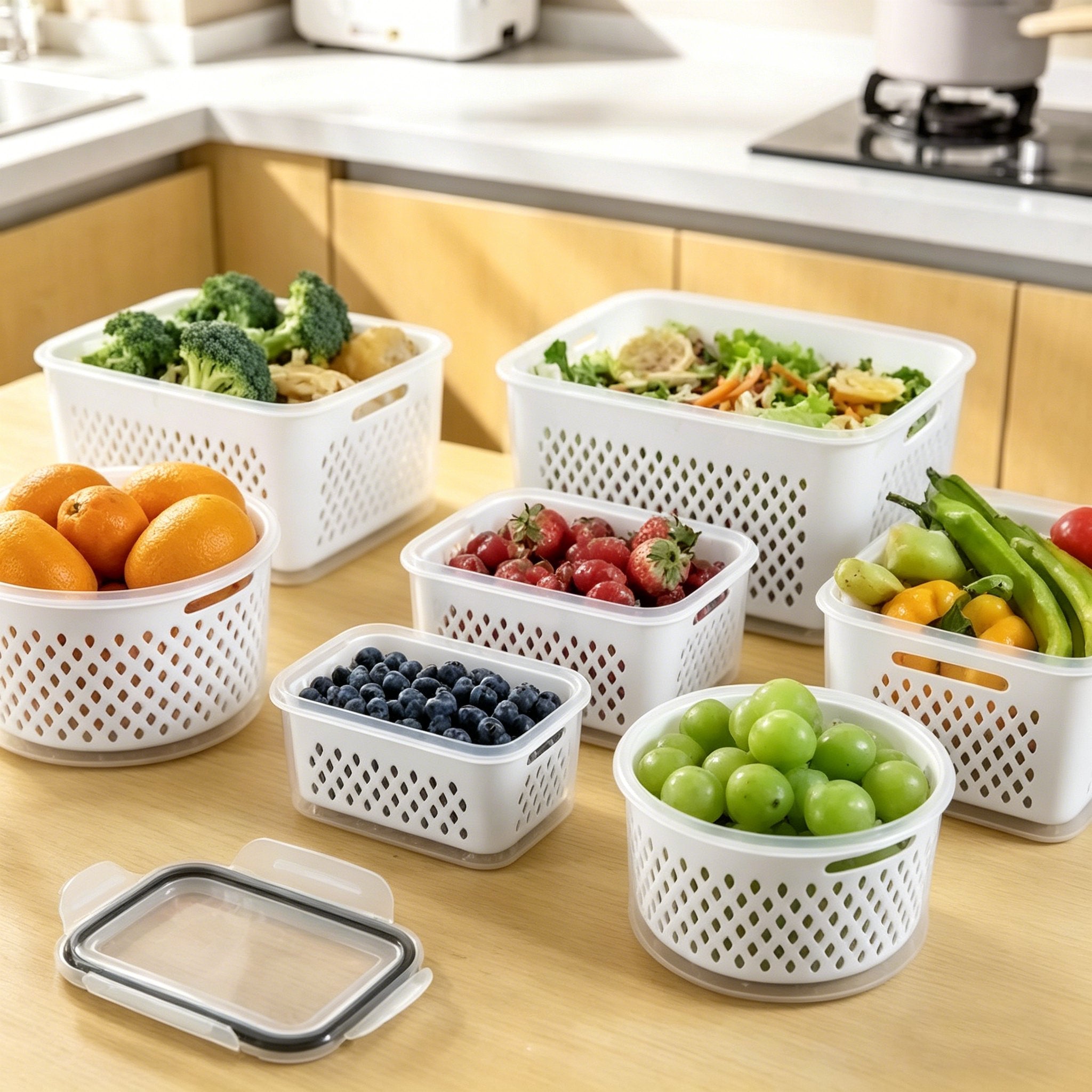 3 Pack Fridge Organizers and Storage - Stackable Fruit Storage Containers for Fridge with Removable Colander