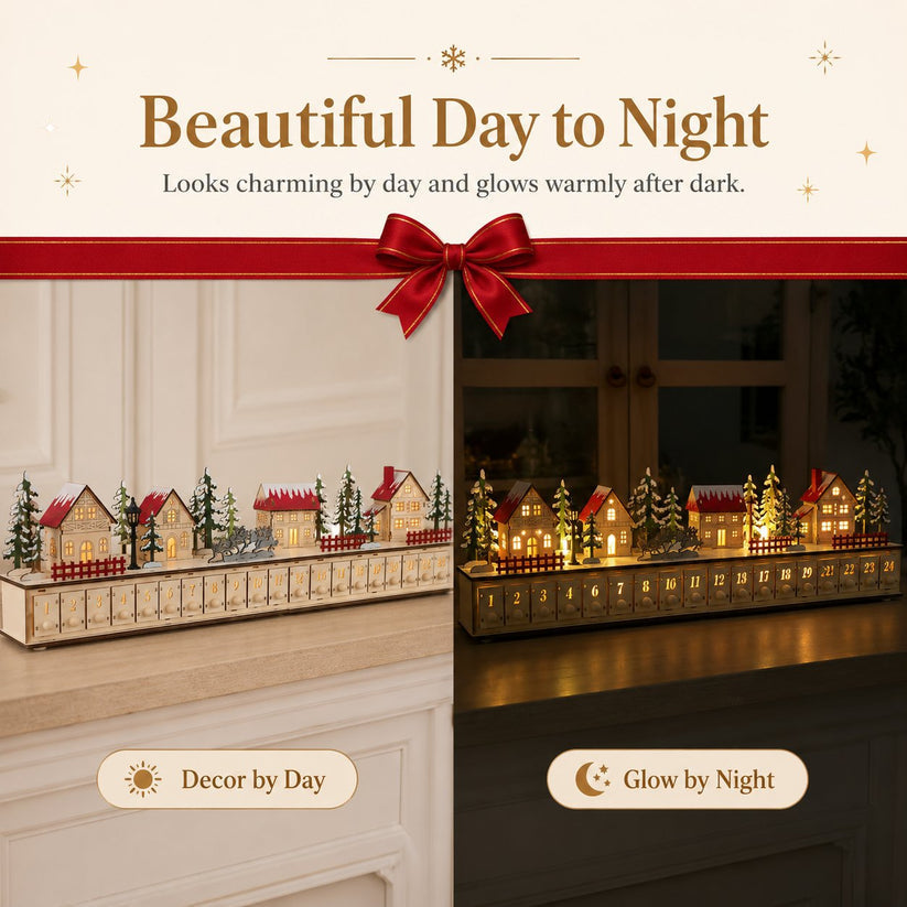 🎄 Wooden Village Advent Calendar with LED Lights — 100% Natural Polished Wood 🏠
