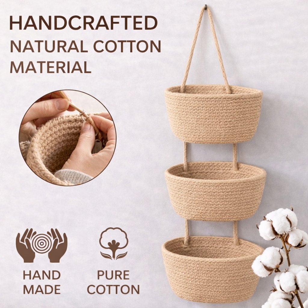 Woven cotton 3-Tier Over the Door Basket