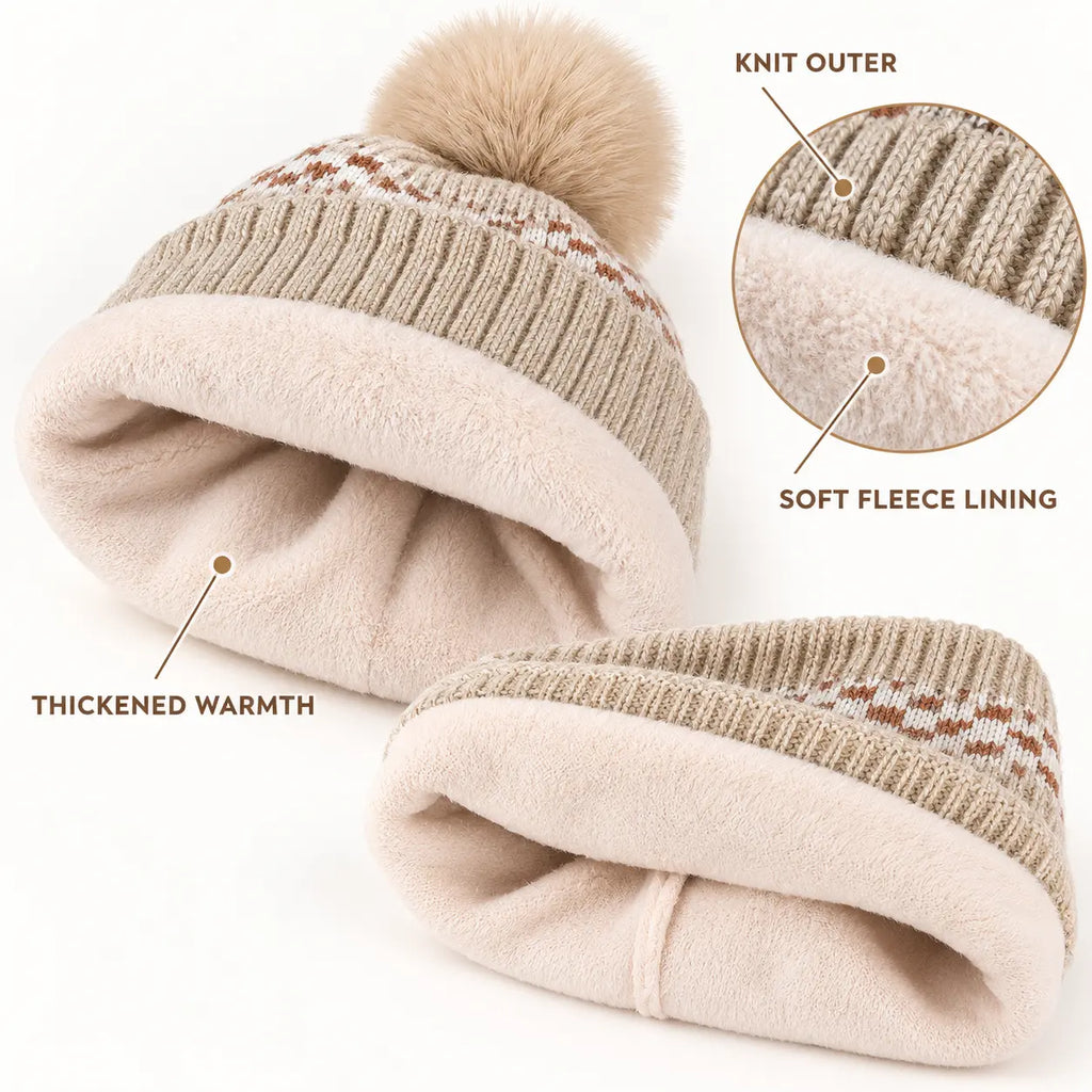 Kids Knitted Hat and Neck Warmer Set, Fleece Lined Winter Hat and Scarf Set for Ages 4-10
