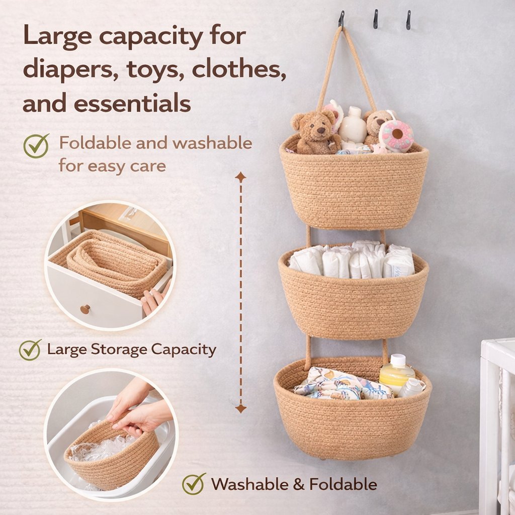 Woven cotton 3-Tier Over the Door Basket