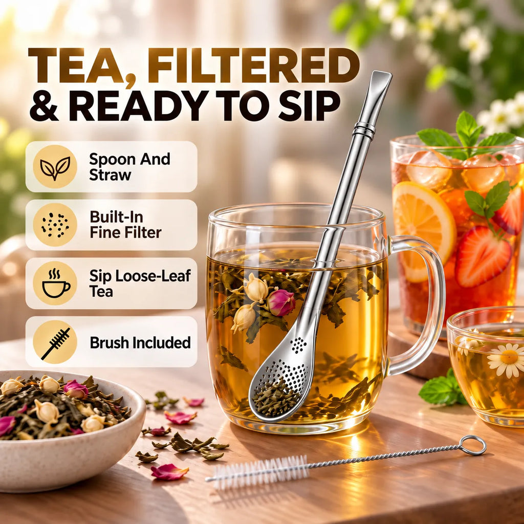 2‑in‑1 Tea Filter Spoon Straw | Free Cleaning Brush Included