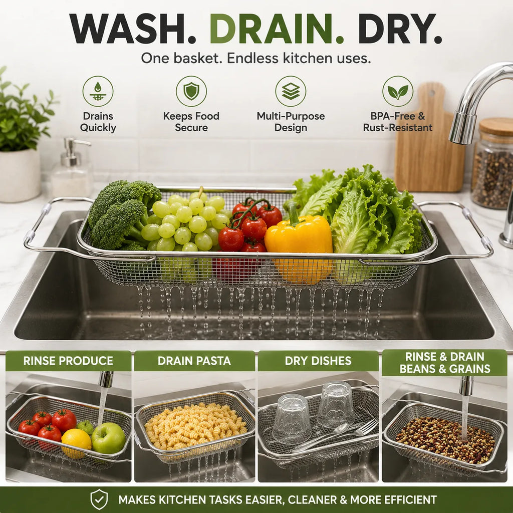 Stainless Steel Over-the-Sink Expandable Strainer Basket with Chopstick Holder