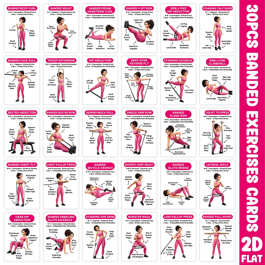 Resistance Band Workout Card Deck, 30 Illustrated Exercise Cards