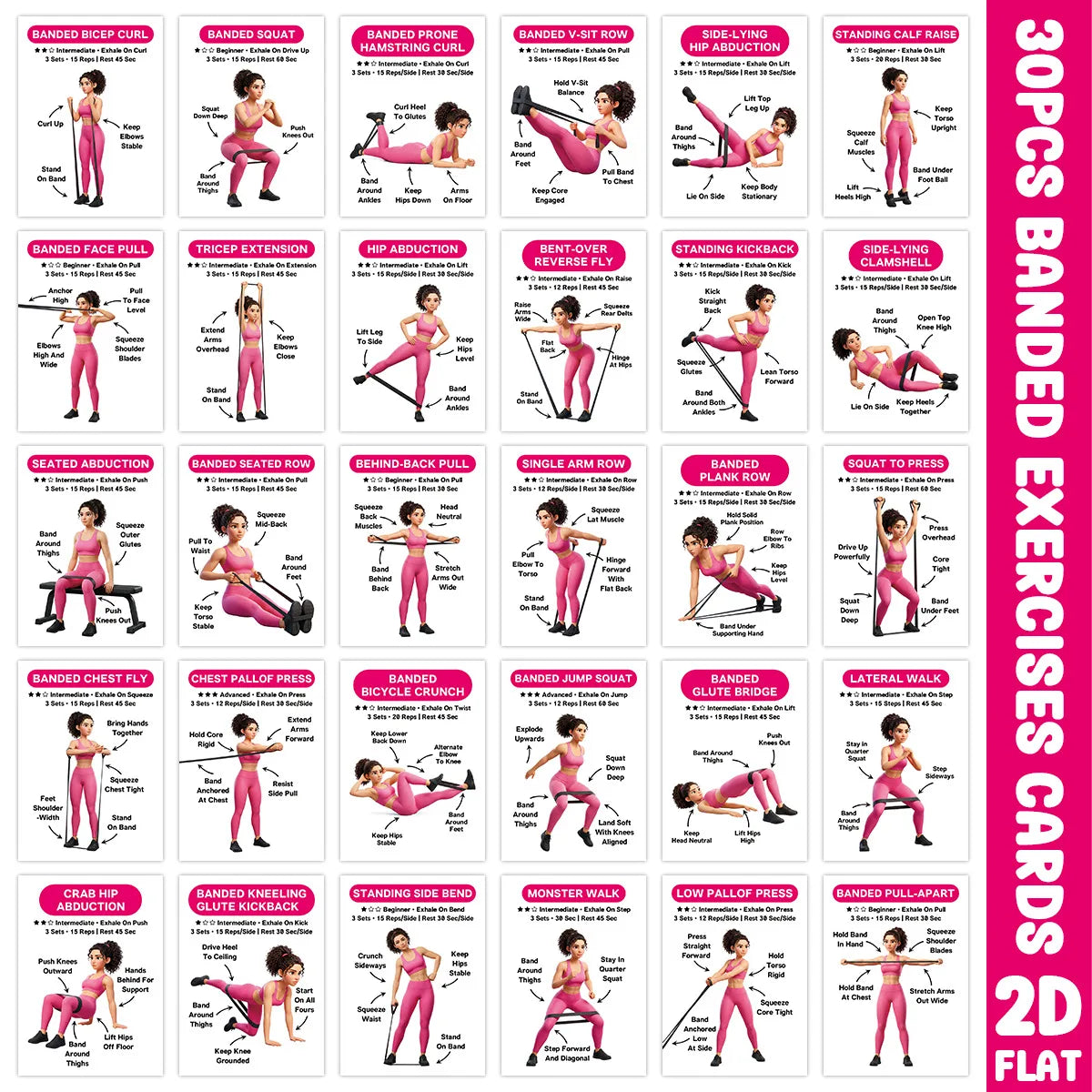 Resistance Band Workout Card Deck, 30 Illustrated Exercise Cards