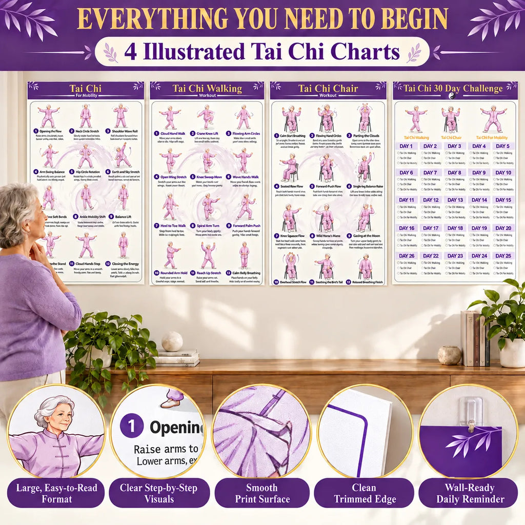 4 Illustrated Tai Chi Exercise Poster Set for Seniors —(11.8x8.3 inches)