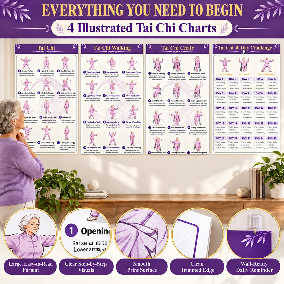 4 Illustrated Tai Chi Exercise Poster Set for Seniors —(11.8x8.3 inches)