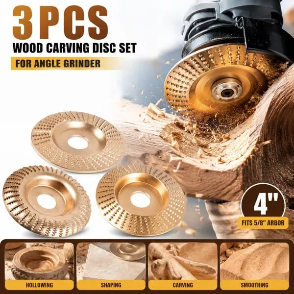 3PCS Tungsten Carbide Wood Carving Disc Set for Angle Grinders（Flat, curved, and inclined surfaces）