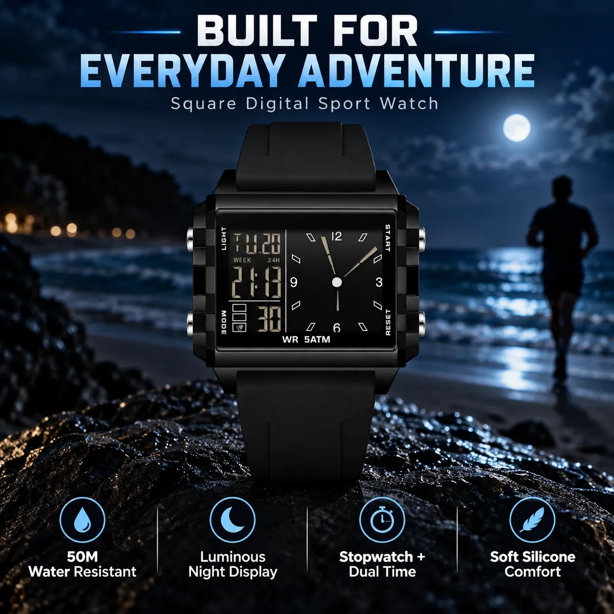 Water-Resistant Transparent Digital Watch – 50M, luminous display & hybrid design