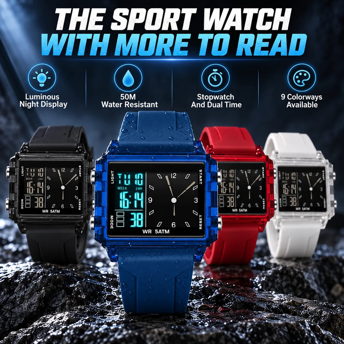 Water-Resistant Transparent Digital Watch – 50M, luminous display & hybrid design
