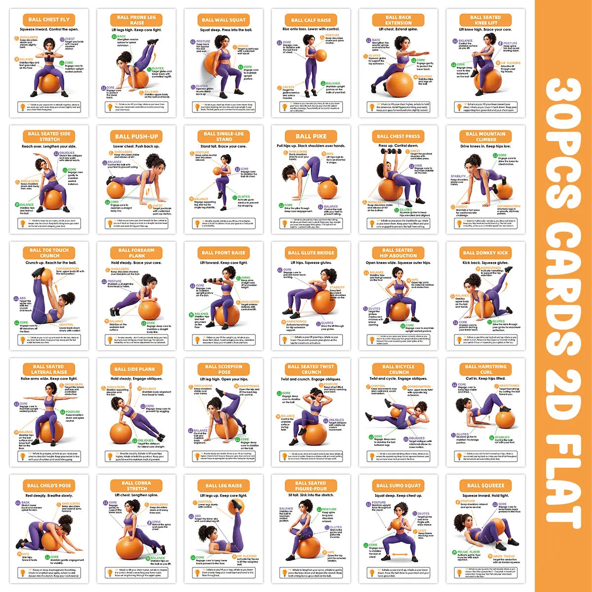 Yoga Ball Exercise Card Deck, 30 Illustrated Movement Cards