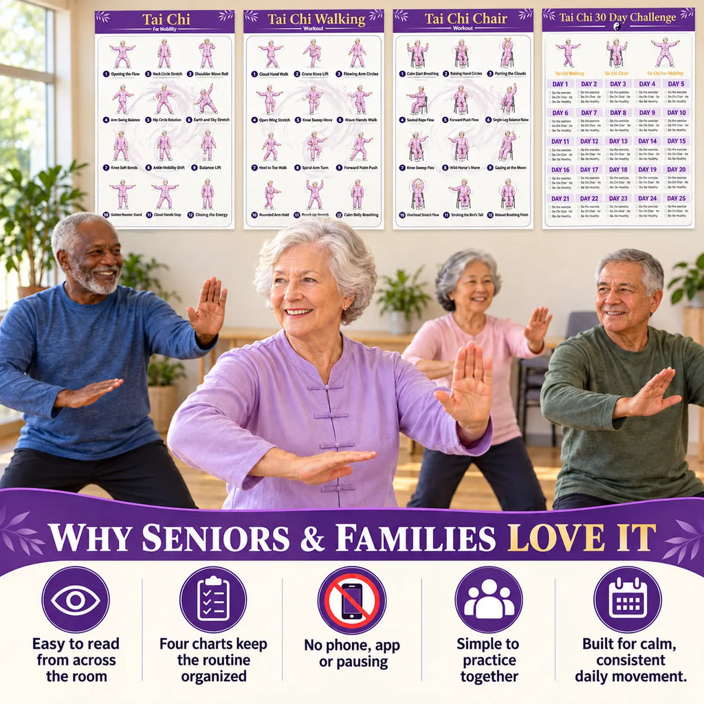 4 Illustrated Tai Chi Exercise Poster Set for Seniors —(11.8x8.3 inches)