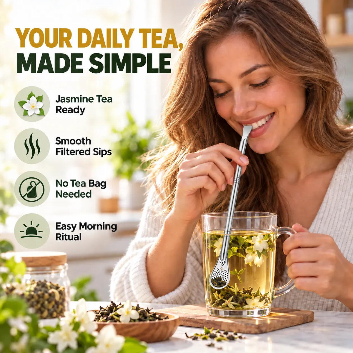 2‑in‑1 Tea Filter Spoon Straw | Free Cleaning Brush Included