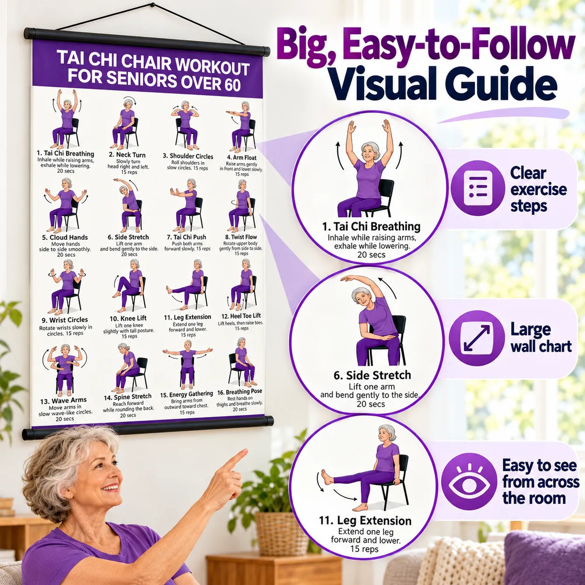Tai chi chair workout chart for seniors (16 x 24 inches)-Seated & Standing Exercises