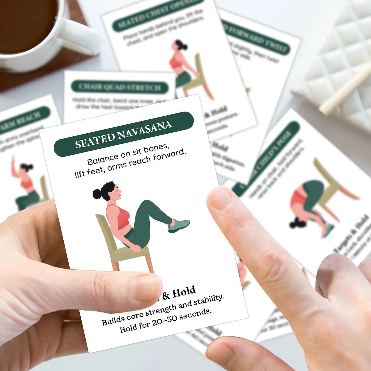 Chair Yoga Stretch Card Deck, 20 Portable Seated Movement Cards