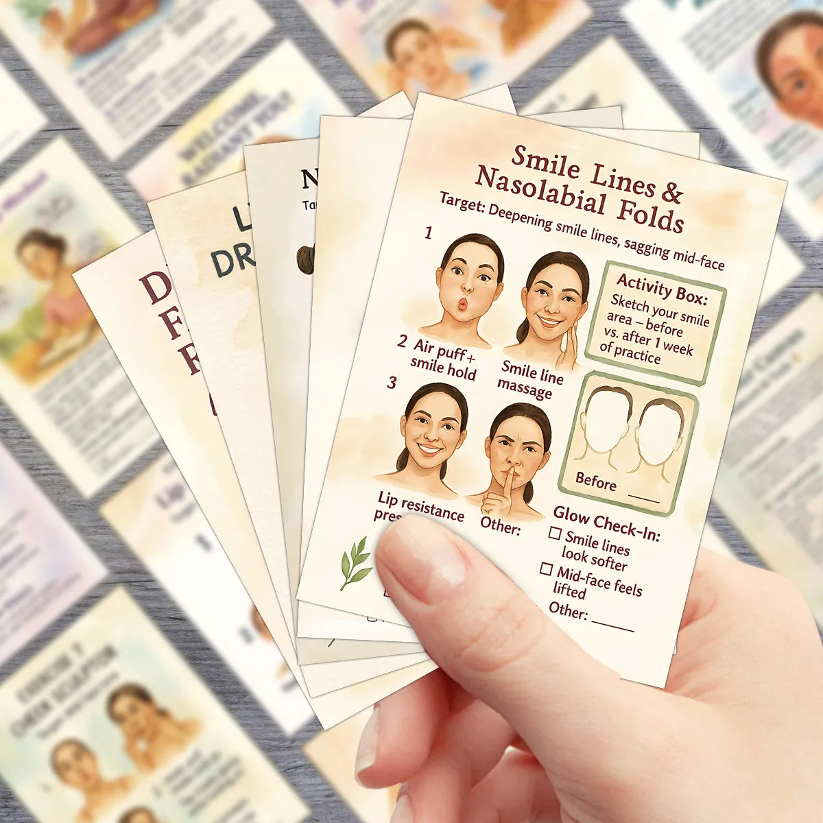 Face Yoga Practice Card Deck, 24 Illustrated Facial Exercise Cards